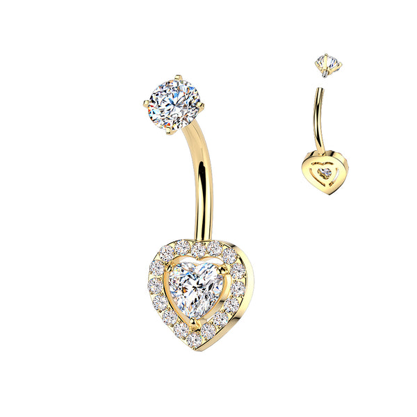 316L Surgical Steel Gold PVD Heart Shape Gem White CZ Internally Threaded Belly Ring - Pierced Universe