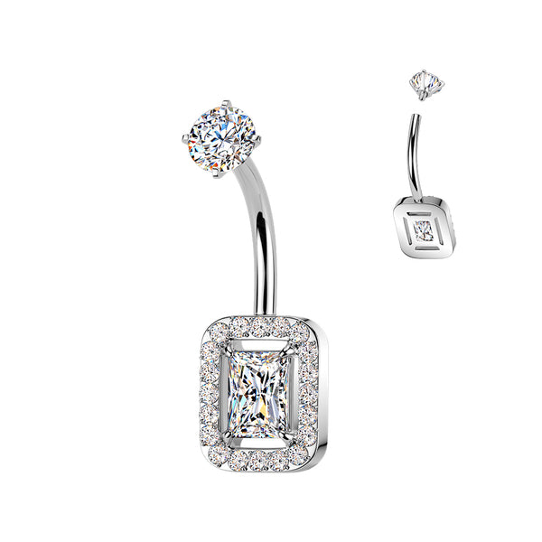 316L Surgical Steel White CZ Rectangle Pave Gem Internally Threaded Belly Ring - Pierced Universe