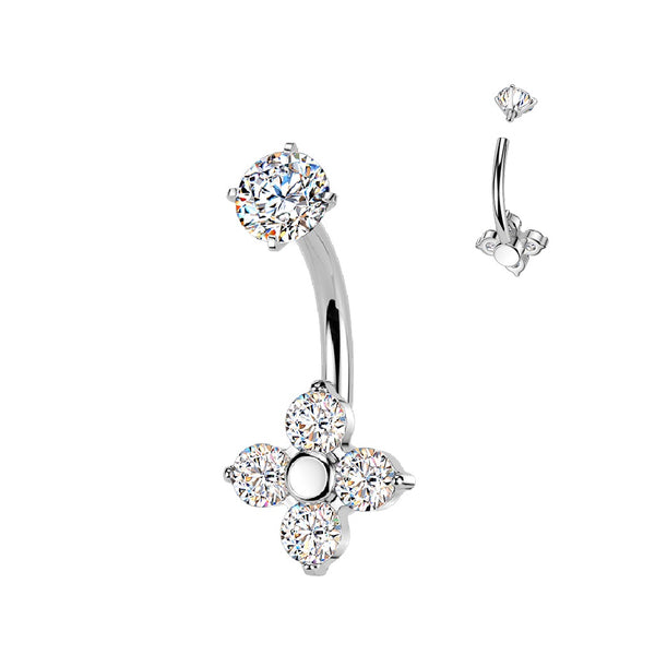 316L Surgical Steel White CZ 4 Petal Flower Internally Threaded Belly Ring