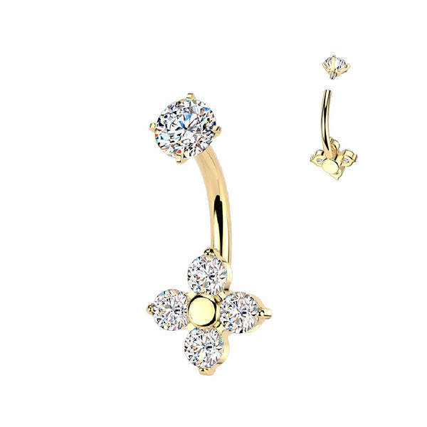 316L Surgical Steel Gold PVD White CZ 4 Petal Flower Internally Threaded Belly Ring