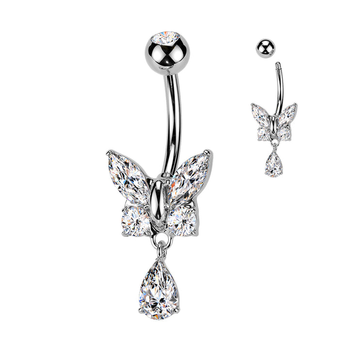 316L Surgical Steel White CZ Butterfly Tear Drop Dangle Belly Ring - Pierced Universe