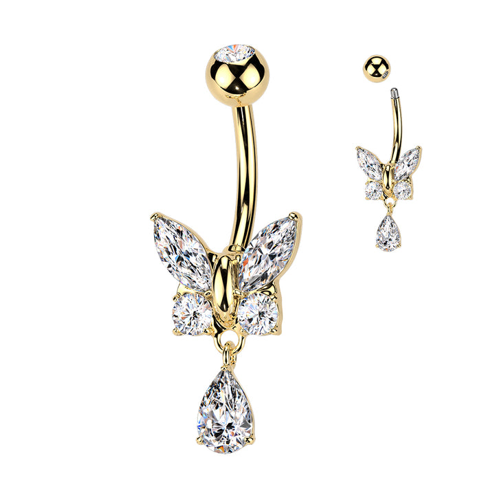 316L Surgical Steel Gold PVD White CZ Butterfly Tear Drop Dangle Belly Ring - Pierced Universe