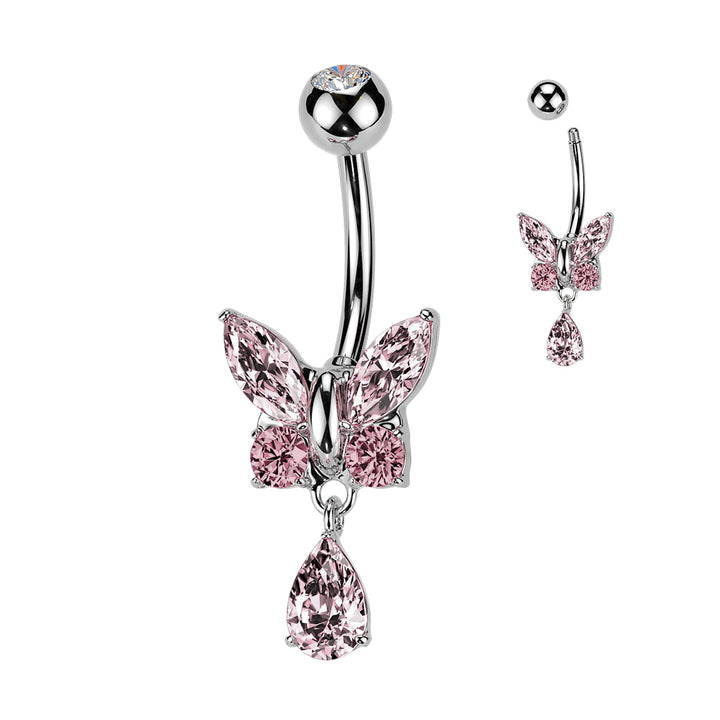 316L Surgical Steel Pink CZ Butterfly Tear Drop Dangle Belly Ring - Pierced Universe