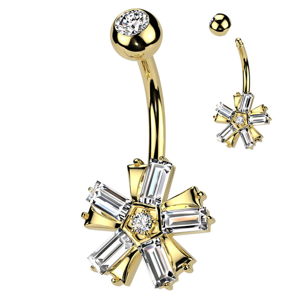 316L Surgical Steel Gold PVD White CZ Baguette 5 Petal Flower Belly Ring