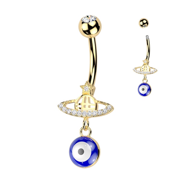 316L Surgical Steel Gold PVD Saturn Star Celestial Evil Eye Dangle Belly Ring