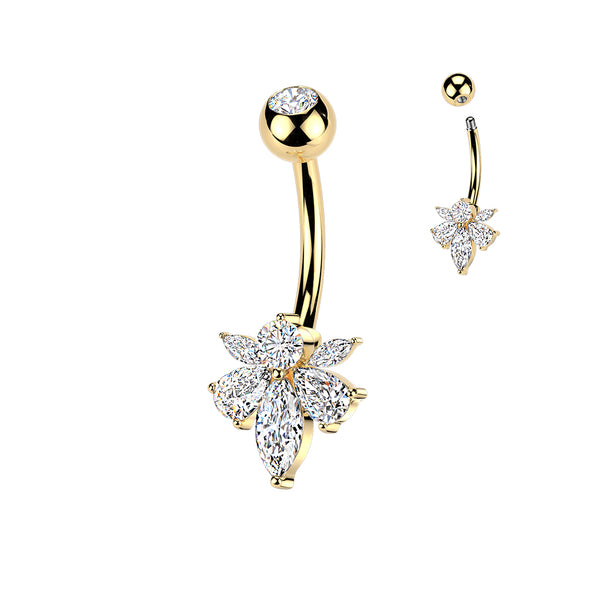 316L Surgical Steel Gold PVD White CZ 5 Petal Flower Belly Ring - Pierced Universe