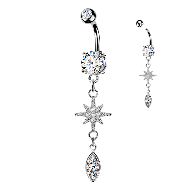 316L Surgical Steel White CZ Pointed Star Marquise Gem Dangle Belly Ring