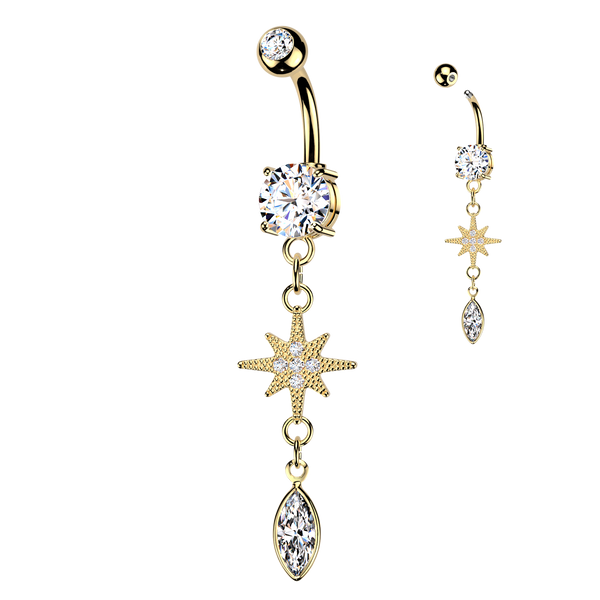 316L Surgical Steel Gold PVD White CZ Pointed Star Marquise Gem Dangle Belly Ring