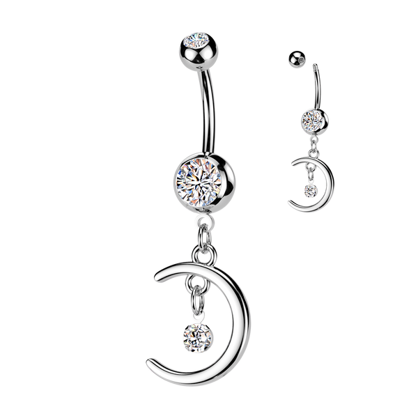 316L Surgical Steel White CZ Crescent Moon With Bezel Gem Dangly Belly Ring