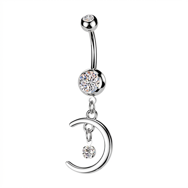 316L Surgical Steel White CZ Crescent Moon With Bezel Gem Dangly Belly Ring