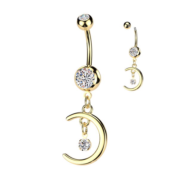 316L Surgical Steel Gold PVD White CZ Crescent Moon With Bezel Gem Dangly Belly Ring