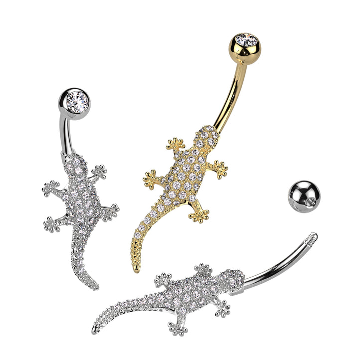 316L Surgical Steel White CZ Lizard Gecko Non Dangle Belly Ring - Pierced Universe