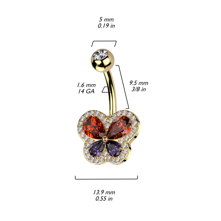 316L Surgical Steel Gold PVD Red Purple Butterfly White CZ Pave Gem Belly Ring - Pierced Universe