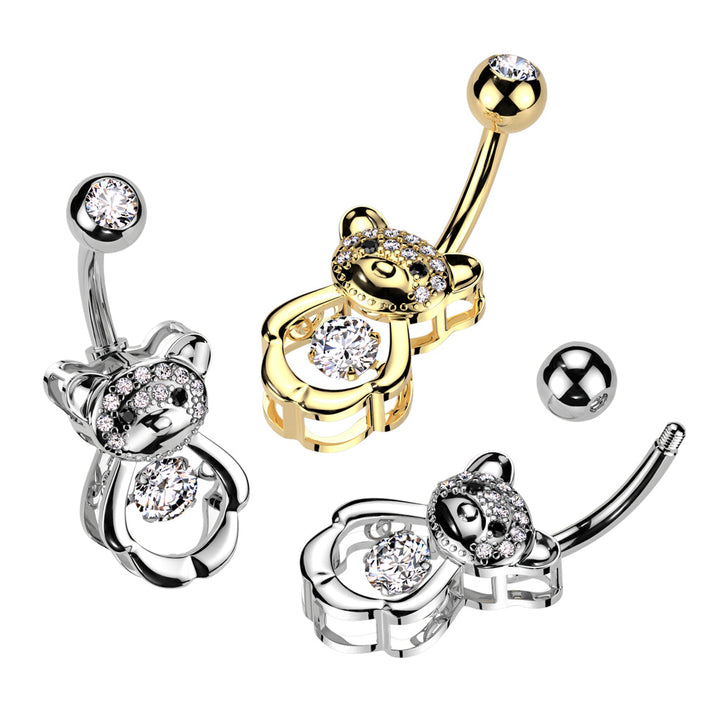 316L Surgical Steel Gold PVD White CZ Gem Teddy Bear Belly Ring - Pierced Universe