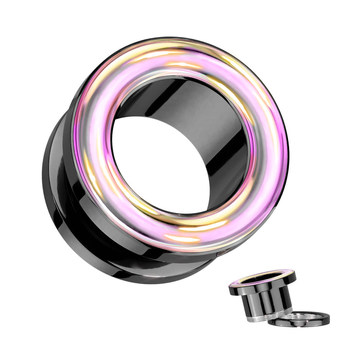 316L Surgical Steel Black PVD Iridescent Rainbow Screw On Flared Tunnels - Pierced Universe