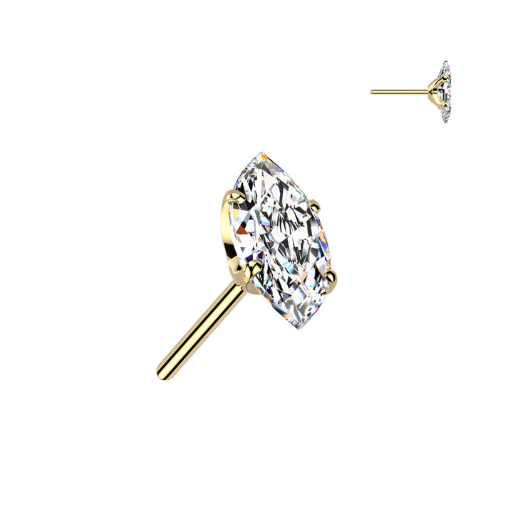 Implant Grade Titanium Gold PVD White CZ Clawed Marquise Gem Push In Threadless Labret With Flat Back - Pierced Universe