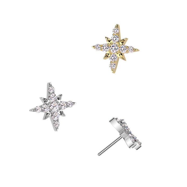Implant Grade Titanium Gold PVD White CZ Large Starburst Push In Threadless Labret With Flat Back - Pierced Universe