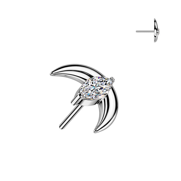 Implant Grade Titanium White CZ Marquise With Crescent Moon Threadless Labret With Flat Back - Pierced Universe