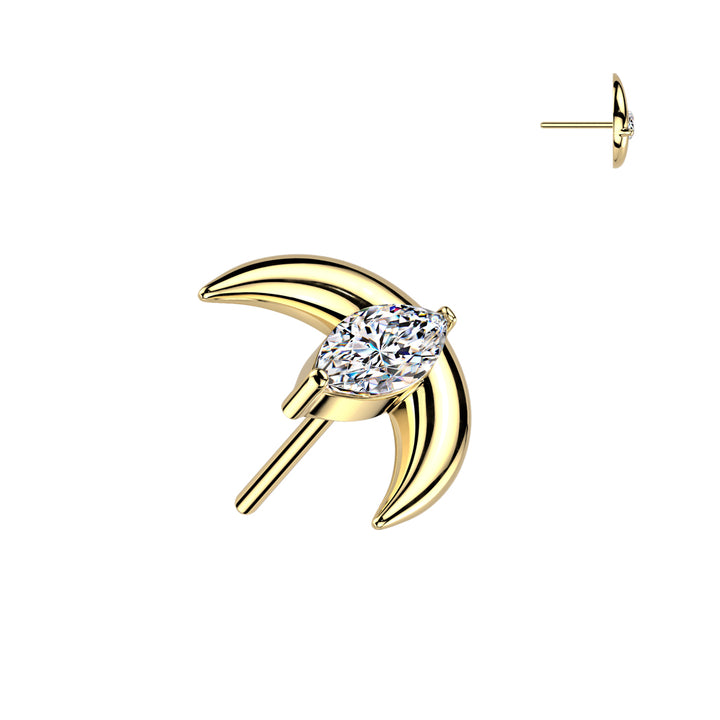 Implant Grade Titanium Gold PVD White CZ Marquise With Crescent Moon Threadless Labret With Flat Back - Pierced Universe