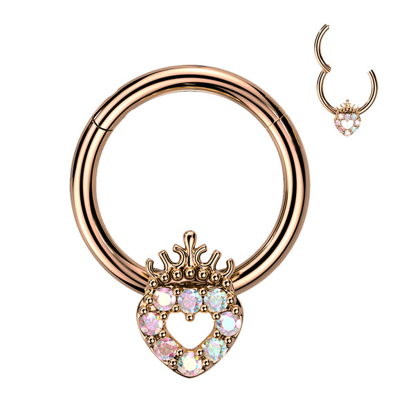 316L Surgical Steel Rose Gold PVD Aurora Borealis CZ Heart With Crown Hinged Clicker Hoop