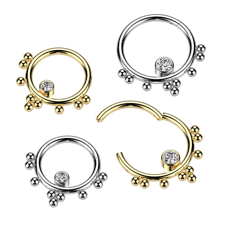 316L Surgical Steel Gold PVD White CZ Beaded Tribal Hinged Clicker Hoop - Pierced Universe