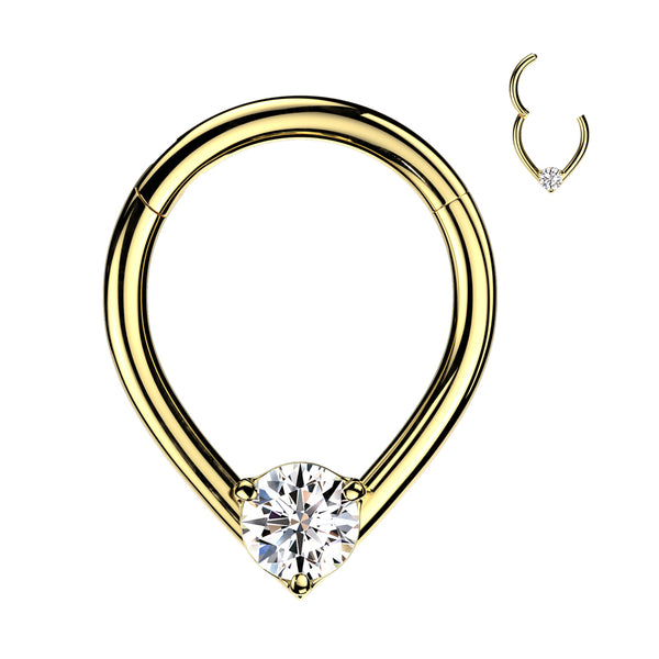 316L Surgical Steel Gold PVD V Shaped White CZ Gem Hinged Clicker Hoop