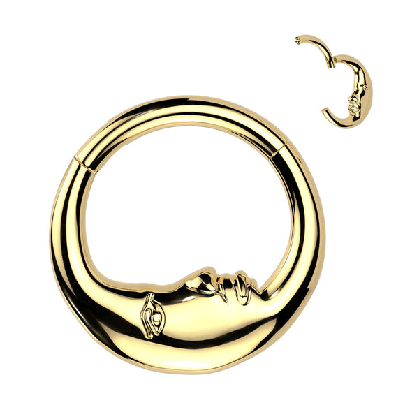316L Surgical Steel Gold PVD Crescent Moon Face Outline Hinged Clicker Hoop