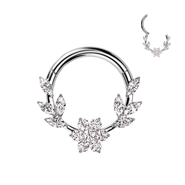 316L Surgical Steel White CZ Dainty Vine Flower Hinged Clicker Hoop - Pierced Universe