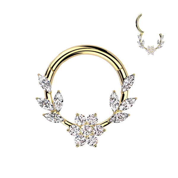 316L Surgical Steel Gold PVD White CZ Dainty Vine Flower Hinged Clicker Hoop - Pierced Universe