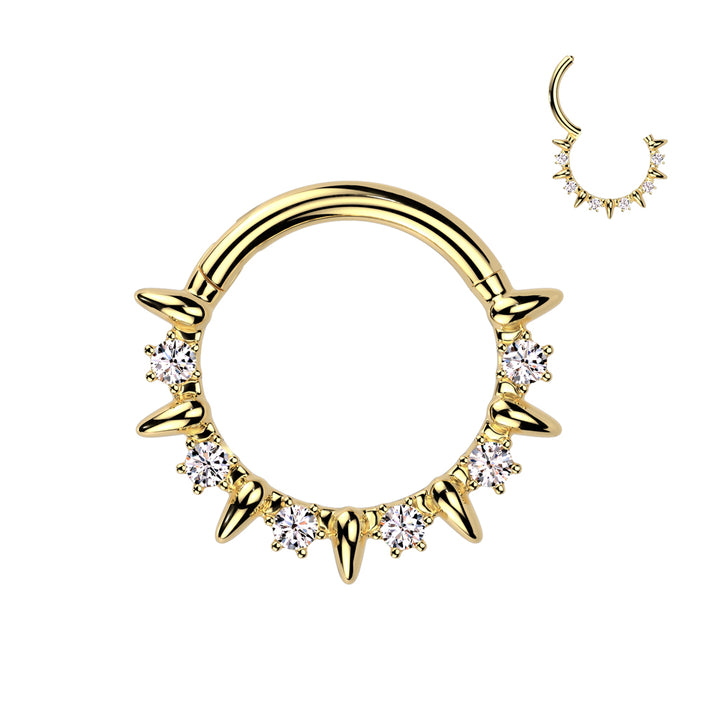 316L Surgical Steel Gold PVD White CZ Clawed Gem With Spike Hinged Clicker Hoop - Pierced Universe