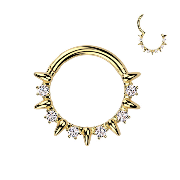 316L Surgical Steel Gold PVD White CZ Clawed Gem With Spike Hinged Clicker Hoop - Pierced Universe