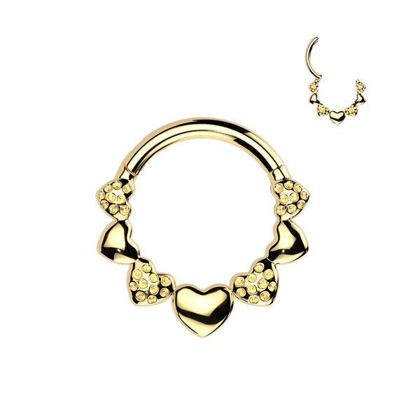 316L Surgical Steel Gold PVD Dainty Heart Textured Design Hinged Clicker Hoop - Pierced Universe