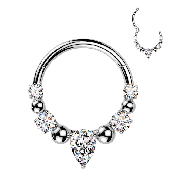 316L Surgical Steel White CZ Gem Teardrop Beaded Side Facing Hinged Clicker Hoop - Pierced Universe