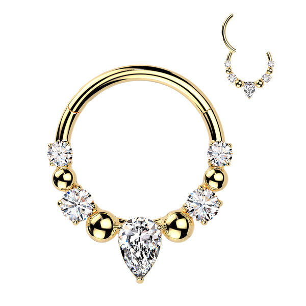 316L Surgical Steel Gold PVD White CZ Gem Teardrop Beaded Side Facing Hinged Clicker Hoop - Pierced Universe