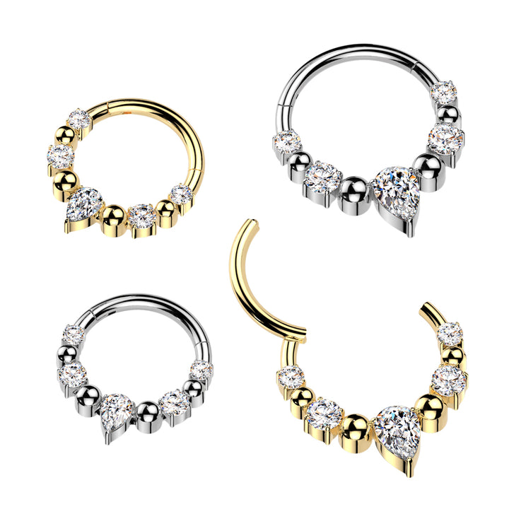 316L Surgical Steel Gold PVD White CZ Gem Teardrop Beaded Side Facing Hinged Clicker Hoop - Pierced Universe