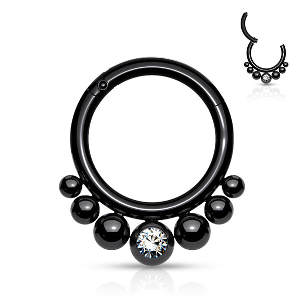 316L Surgical Steel Black PVD 7 Bead White CZ Hinged Clicker Hoop - Pierced Universe
