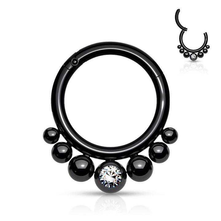 316L Surgical Steel Black PVD 7 Bead White CZ Hinged Clicker Hoop - Pierced Universe
