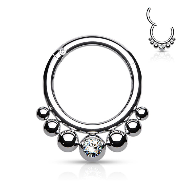316L Surgical Steel 7 Bead White CZ Hinged Clicker Hoop - Pierced Universe