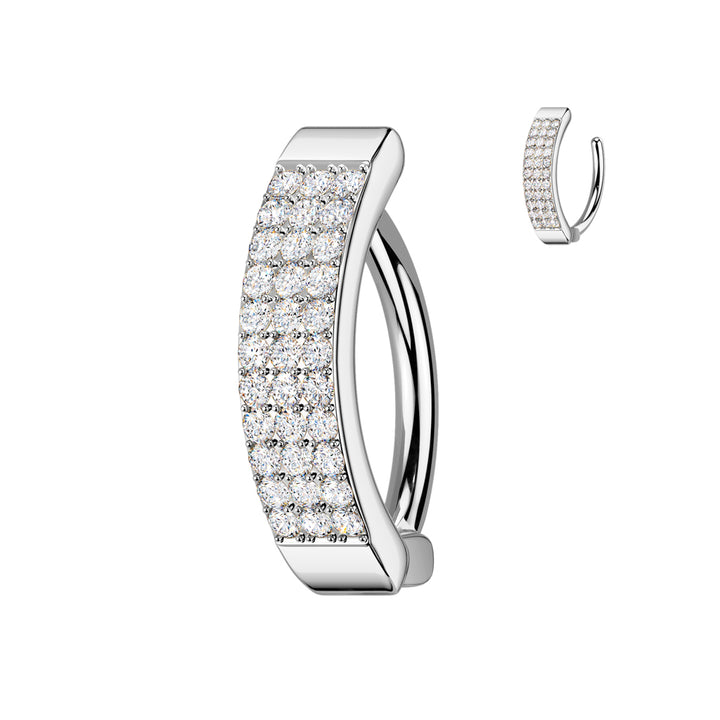 316L Surgical Steel White CZ Wide Triple Line Pave Hinged Clicker Belly Ring - Pierced Universe
