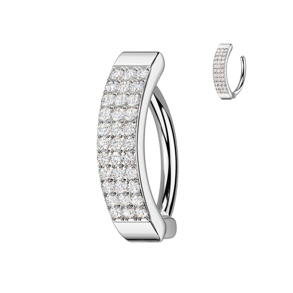 316L Surgical Steel White CZ Wide Triple Line Pave Hinged Clicker Belly Ring - Pierced Universe