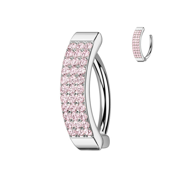 316L Surgical Steel Pink CZ Wide Triple Line Pave Hinged Clicker Belly Ring - Pierced Universe