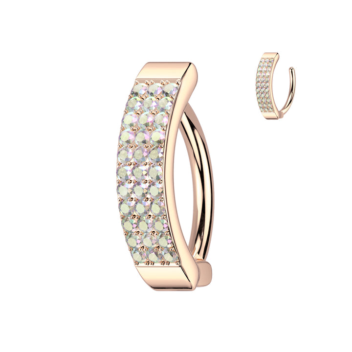 316L Surgical Steel Rose Gold PVD AB CZ Wide Triple Line Pave Hinged Clicker Belly Ring - Pierced Universe