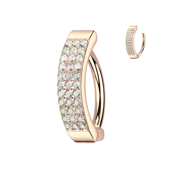 316L Surgical Steel Rose Gold PVD AB CZ Wide Triple Line Pave Hinged Clicker Belly Ring - Pierced Universe