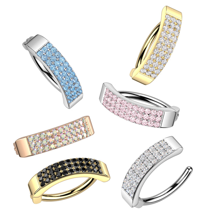 316L Surgical Steel Aqua CZ Wide Triple Line Pave Hinged Clicker Belly Ring - Pierced Universe