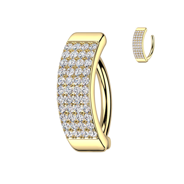 316L Surgical Steel Gold PVD Thick 4 Row White CZ Pave Hinged Clicker Belly Ring - Pierced Universe