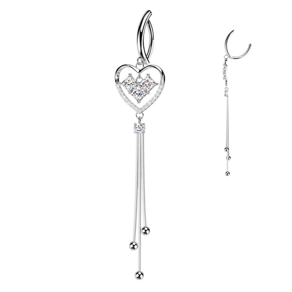 316L Surgical Steel White CZ Square Gem Heart Dangle Hinged Clicker Belly Ring