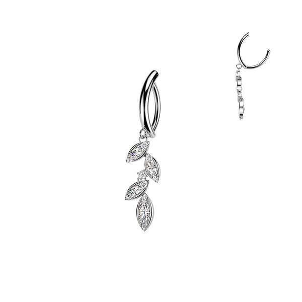 316L Surgical Steel White CZ Vine Marquise Gem Dangle Hinged Clicker Belly Ring - Pierced Universe