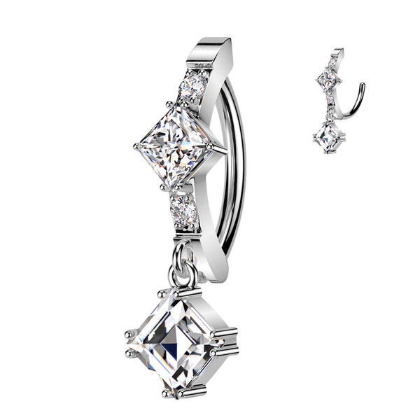 316L Surgical Steel White CZ Square Shaped Gem Dangle Hinged Clicker Belly Ring