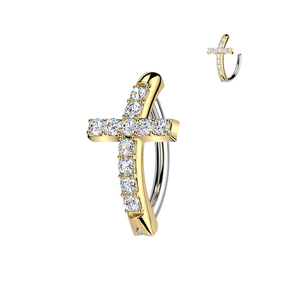 316L Surgical Steel Gold PVD White CZ Cross Hinged Clicker Belly Ring - Pierced Universe