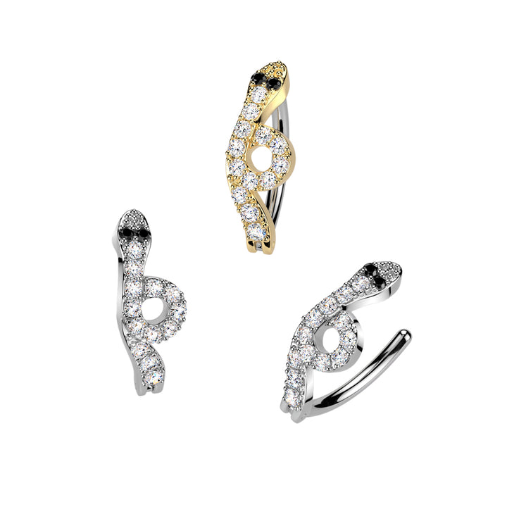316L Surgical Steel Gold PVD White CZ Snake With Black Eye Hinged Clicker Belly Ring - Pierced Universe